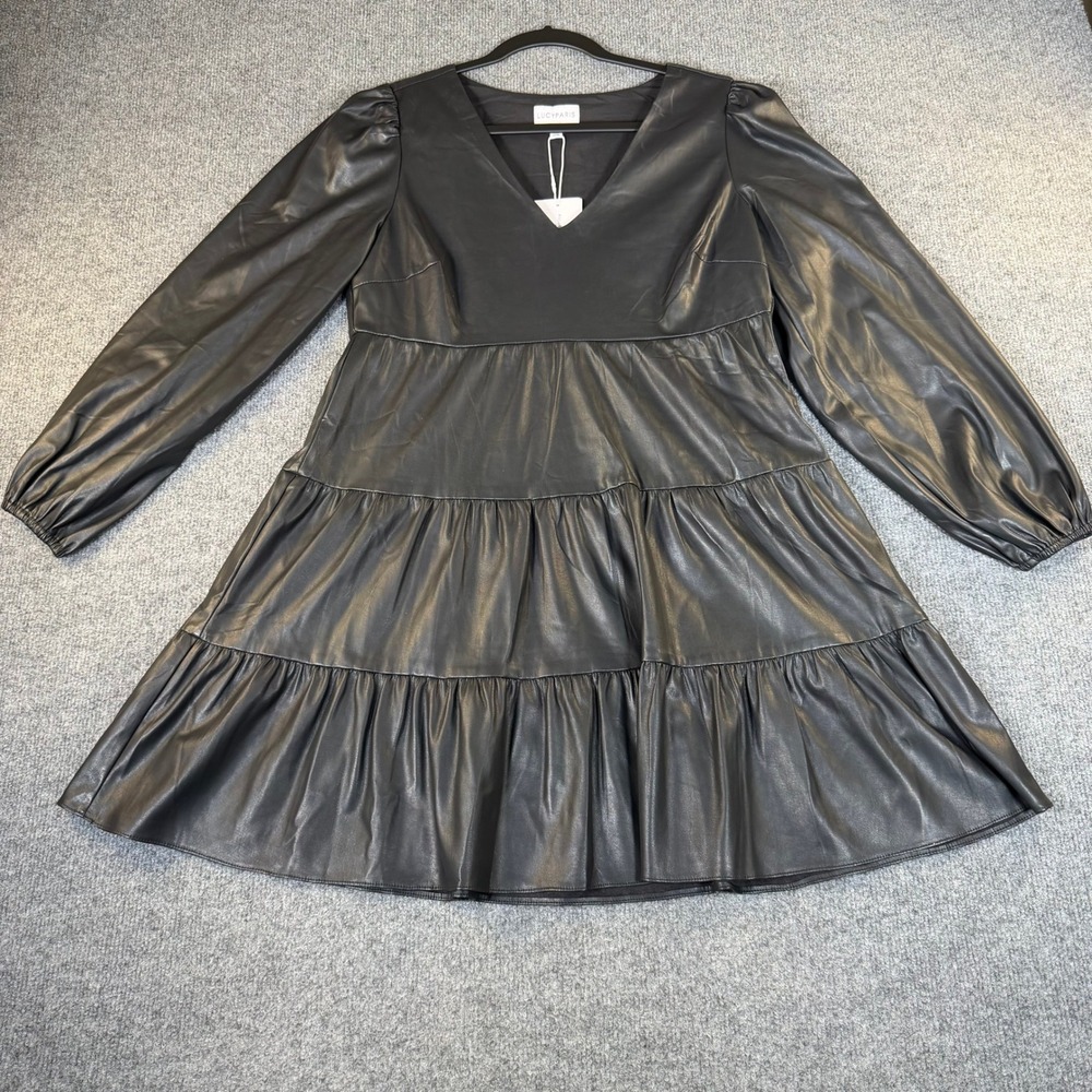 Lucy Paris Adler Tiered Dress Black Faux Leather V-Neck Puff Sleeve NWT S